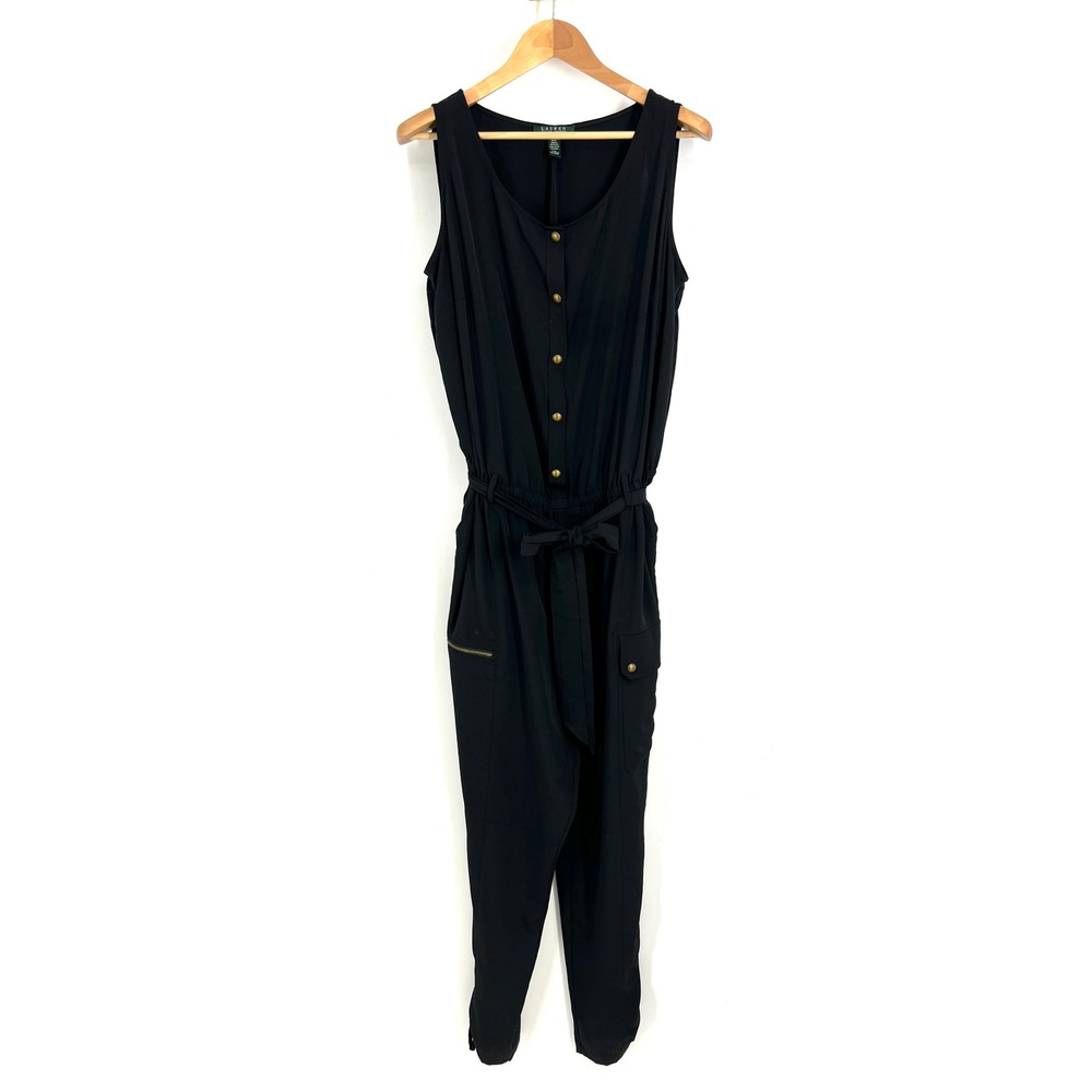 Lauren Ralph Lauren Black Sleeveless Utility Belted Jumpsuit 18W Gold Buttons